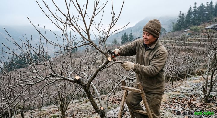 Nông dân tiến hàng cắt tỉa cho cây ăn quả vào cuối mùa đông