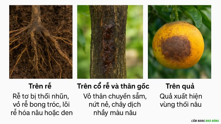 Biểu hiện bệnh trên rễ, thân và quả của cây có múi