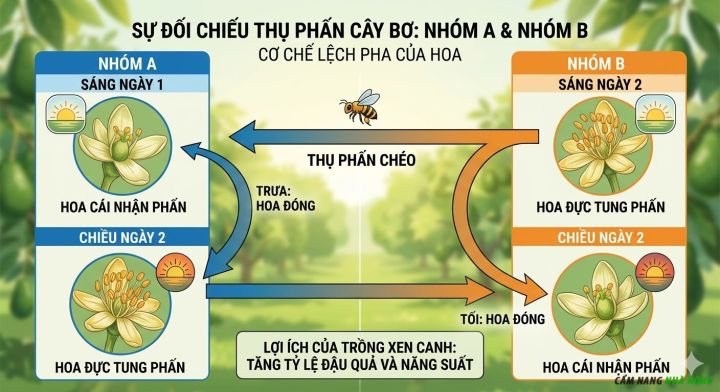 Sơ đồ cơ chế thụ phấn nhóm A và nhóm B ở cây bơ