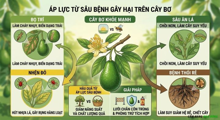 Các loại sâu bệnh gây hại phổ biến trên cây bơ như bọ trĩ, nhện đỏ và bệnh thối rễ