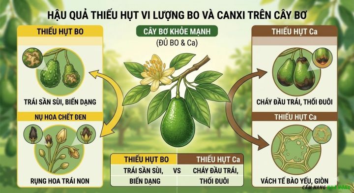 Biểu hiện thiếu hụt Boron và Canxi trên lá, hoa và quả bơ