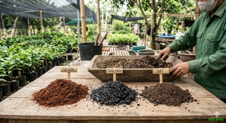 Phối trộn giá thể giâm cành từ xơ dừa, trấu hun và đất mịn
